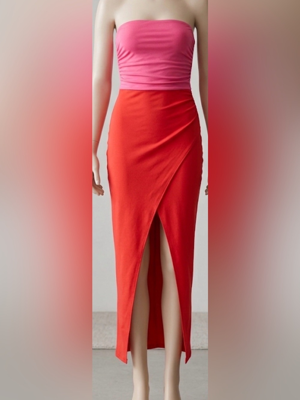 Ashley Stewart Pink Strapless Top with Red High-Low Skirt